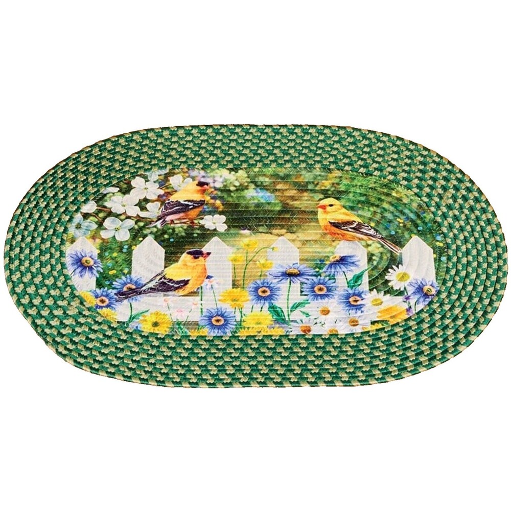 Oval Braided Kitchen Rug(20"x30")EASTER,SPRING BIRDS ON FENCE & FLOWERS,green,CE